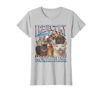 I Reject My Mortal Flesh Funny Trans LGBTQ Cat Meme Bootleg T-Shirt, Women, Silver Grey, Medium