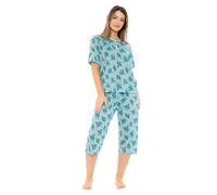 i-Smalls Ladies All Over Fish Net Print Pyjama Set Capri Cotton Blend Crew Neck Cropped (XL) Turquoise