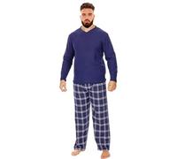 i-Smalls Men's Warm Winter Pyjama Set Brushed Ribbed Cotton Top Checked Bottoms (L) Marine Blue