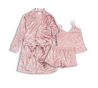 i-Smalls Women's Crushed Velvet Pyjamas & Robe Super Soft Dusky Pink Kimono Babydoll Set (S) Full Set