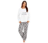 i-Smalls Women's Fleece Pajamas - Long Sleeve 'Sweet Dreams' Top & Heart Print Trousers - Soft Warm Winter Loungewear Sleepwear (Cream) L