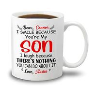 I Smile Because You're My Son I Laugh Because There's Nothing You Can Do About It White Ceramic Mug 11 Ounce, Choose Name Novelty Coffee Mug Drinking Cup Gifts for Son Birthday, Son Coffee Cup