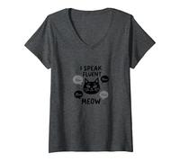 I Speak Fluent Meow - Cat Lover Graphic V-Neck T-Shirt, Women, Dark Heather Grey, M