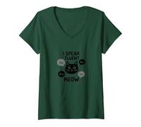I Speak Fluent Meow - Cat Lover Graphic V-Neck T-Shirt, Women, Forest Green, XL