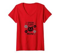 I Speak Fluent Meow - Cat Lover Graphic V-Neck T-Shirt, Women, Red, XL