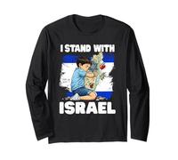I Stand with Israel Boy Hugging Map Flag Jerusalem for Kids Long Sleeve T-Shirt
