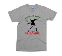 I Stand with Palestine Print T-Shirt - Men - M - Blend Grey - Humanitarian Message Printed Graphic Tee - Personalised Upper with Peaceful Quotation for Men and Women