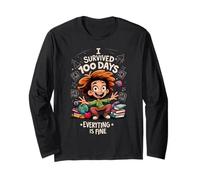 I Survived 100 Day of School Funny It’s Fine Cartoon Graphic Long Sleeve T-Shirt