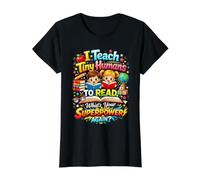 I Teach Tiny Humans to Read Reading Teacher Humor Value Graphic T-Shirt, Women, Black, L