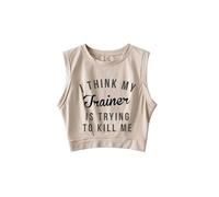 I Think My Trainer is Trying to Kill ME Sleeveless Crop Tops- Novelty, Strength Training Sleeveless Tee for Magic Gains, Apricot, XL