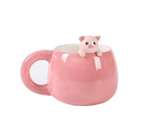 I-TOTAL® - Ceramic Mug with Ceramic Animal on The Edge, Tea or Coffee Mug 450 ml (Piggy)