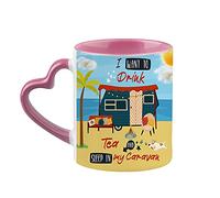 I Want to Drink Tea and Sleep in My Caravan Birthday Secret Santa Caravan Gift Coffee Tea Mug Heart Handle Ceramic Mug. (Pink Heart Handle Mug)