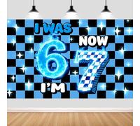 I was 6 Now I'm 7 Backdrop, Blue Checkered Flame 7th Birthday Photography Background, Racing Car Themed Banner for Kids Boys 6 to 7 Age Birthday Party Decorations & School Classroom wall Decor 7X5FT