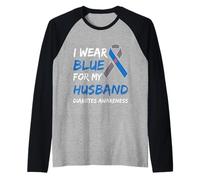 I Wear Blue for My Husband Diabetes Awareness Blue Ribbon Raglan Baseball Tee