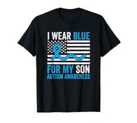 I Wear Blue for My Son Autism Awareness USA Flag T-Shirt