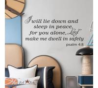 I Will Lie Down and Sleep in Peace Psalm 4:8 Wall Sticker, Motivational Bible Verse Vinyl Wall Decal, Inspirational Wall Art for Bedroom, Office, Classroom Decor