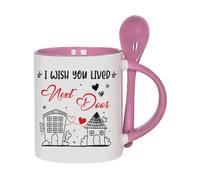 I Wish You Lived Next Door - Romantic Gift for Him/Her - Long Distance Relationship & Friendship Gift - Perfect for Valentine’s Day - 11oz Inside Colour with Spoon Ceramic Coffee Mug. (Pink)
