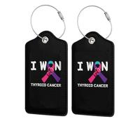 I Won Thyroid Cancer Awareness Support Teal Pink & Blue Ribbon Survivor Leather Luggage Tag with Stainless Steel Ring and Privacy Cover for Suitcase Travel5