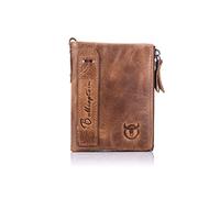 I0I&I0I Captain Bull Vintage Leather Men's Zip Wallet Vertical Casual Short Photo Album Driver's License Top Layer Leather Coin Clip (Brown)
