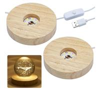 I3C 2 Pack Wooden LED Light Base 3.9in Warm Light Display Base with 1.5Meter Line Length Round Rotatable Display Stand Base for Acrylic Night Light Crystal Ball