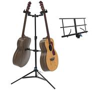 IA Stands ECT8 double guitar stand with bonus sheet music stand holder. Compatible with an acoustic, electric, bass or other guitars. Makes a great gift! One of our best guitar accessories.