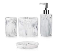 IACA White Marble Bathroom Accessory Set, 4 Pieces: Soap Dispenser, Toothbrush Holder, Tumbler, Soap Dish