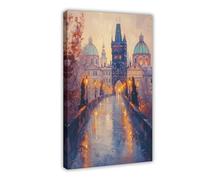 IADNG Charles Bridge Prague Dawn Painting, Tranquil Vltava River Canvas Poster Bedroom Decor Landscape Decor Gift 16x24inch(40x60cm)