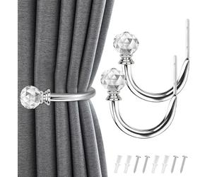 IAGORYUE Curtain Holdbacks 2 Pack U Shaped Metal Curtain Tie Backs Hooks with Clear Crystal Ball Tie Backs for Curtains Wall Mounted Drapery Holders for Home Office Hotel Window Drapes Decor (Silver)
