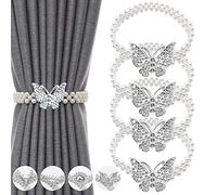 IAGORYUE Curtain Tie backs 4 Pcs Metal TieBacks with Classy Small Pearl Elastic Rope Curtains Hold Holdbacks for Home Office Hotel Window Drape Deco No-Install/Drill/Hooks/Magnetic (Silver Butterfly)