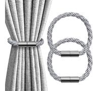 IAGORYUE Magnetic Curtain Tie Backs Set, Strong Magnet Curtains Clips Tiebacks with Weave Decorative Rope Drapery Holdback, Window Drape Buckle Holder for Thin or Thick Home Office, Pack of 2 (Silver)
