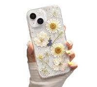 IAIYOXI for iPhone 13 Clear Case with Pressed Real Flowers Design - Glitter Cute White Floral Pattern, Slim Soft TPU Protective Phone Cover for Women and Girls (iPhone 13, Clear White)