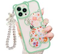 IAIYOXI for iPhone 15 Pro Case with Cute Flowers Bear Pattern, Camera Protector, Clear Phone Case and Lovely Strap Bracelet Chain, Compatible for iPhone 15 Pro for Girls Women (Green)