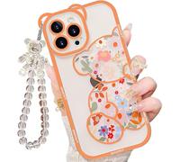 IAIYOXI for iPhone 16 Pro Max Case with Cute Flowers Bear Pattern, Camera Protector, Clear Phone Case and Lovely Strap Bracelet Chain, Compatible for iPhone 16 Pro Max for Girls Women (Orange)