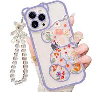 IAIYOXI iPhone 16 Pro Case with Cute Flower Bear Pattern Camera Protection Transparent Phone Case and Beautiful Bracelet Chain for Girls and Women (Blue)