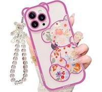 IAIYOXI Protective Case for iPhone 16 with Cute Flower Bear Pattern, Camera Protection, Transparent Phone Case and Beautiful Bracelet Chain, for Girls and Women, Purple