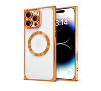 IAIYOXI Rectangle Magnetic Clear Case for iPhone 14 Plus, [Compatible with MagSafe],Soft Plating Phone Case with Full Camera Lens Protection,Anti-Scratch Shockproof Slim Cover, Orange