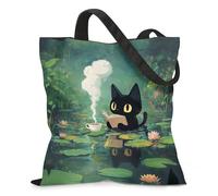 Ialtsidws Water Lillies Black Cats Canvas Tote Bag - With Magnetic Buckle And Zipper Inner Pocket, Cute Cat Canvas Tote Bag For Women