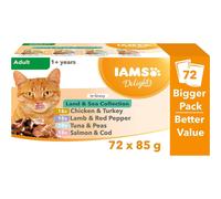 IAMS Delights Complete Wet Cat Food for Adult 1+ Cats Meat and Fish Variety in Gravy Multipack 72 x 85 g Pouches