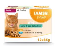 IAMS Delights Complete Wet Cat Food for Senior 7+ Cats Meat and Fish Variety in Gravy Multipack 12 x 85 g Pouches