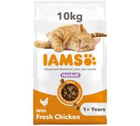 IAMS Hairball Complete Dry Cat Food for Adult & Senior Cats with Chicken, 10 kg - 89% Animal Protein, Fibre for Hairball Control