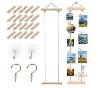 IAndhy 2 Pcs Hanging Photo Display, Photo Wall Display With Wooden Clips, Decorative Photo Board For Home Décor, Complete Set With 30 Wooden Clips, 2 Hooks And 2 Metal Hangers