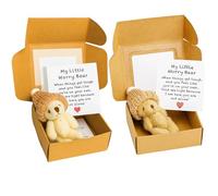 IAndhy 2 Pcs Worry Bear In A Box, Worry Bear, Worry Dolls, Little Pocket Hug Teddy With Inspirational Card Sympathy Gift, Mini Plush Bears Set, Gifts For Kids Friends Family (Brown & White)