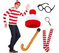 IAndhy Wheres Wally Costume Adult, Wally Costume Set for Adult With Beanie Hat Black Glasses Inflatable Walking Stick Socks Magnifier, Ideal for World Book Day, Halloween, Cosplay Events
