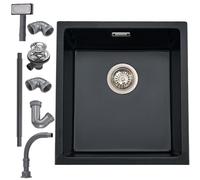iAnomla Quartz Black Kitchen Sink, 40x45cm/16x18in, Composite Inset/Undermount Kitchen Small Sink Waste Kit,Single Bowl Commercial with Overflow, Suitable for Workstation