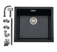 iAnomla Quartz Black Kitchen Sink, 45x45cm/18x18in, Composite Inset/Undermount Kitchen Small Sink Waste Kit,Single Bowl Commercial with Overflow, Suitable for Workstation