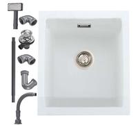 iAnomla Quartz White Kitchen Sink, 40x45cm/16x18in, Composite Inset/Undermount Kitchen Small Sink Waste Kit,Single Bowl Commercial with Overflow, Suitable for Workstation