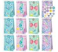 Ianulus 12 Pieces Mermaid Candy Bags, Mermaid Goodie Bags, Mermaid Party Bags, Mermaid Kraft Paper Bags, Mermaid Party Supplies, Colorful Gift Bags with Stickers for Birthday/Theme Party
