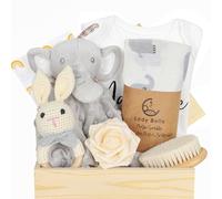 iAOVUEBY Baby Gift Set for Newborn, Baby Shower Gifts, Wooden Baby Gift Basket Essentials Includes Infant Swaddle Blanket Onesies Rattle Toy Hair Bursh, New Born Baby Christmas Gifts for Girls Boys