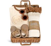 iAOVUEBY Baby Girl Gifts, Baby Shower Gifts for Girls, Unique Baby Gift Essential Stuff Newborn Swaddle Wrap Sunglasses Infant Bow Onesie Milestone Cards Tassel Shoes, New Born Baby Girl Gift Basket