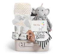 iAOVUEBY Baby Shower Gifts, Baby Boy Gifts, Christmas Baby Gift Set for Newborn Essentials Baby Blanket Elephant Lovey Wooden Rattle, Infant Bibs Socks & Greeting Card, Gender Reveal Gift Basket